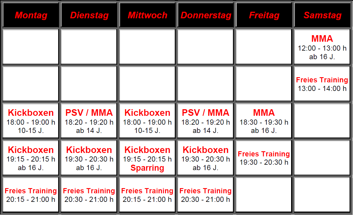 trainingsplan Akademie f&uuml;r Selbstverteidigung & Kickboxen Weinstadt
